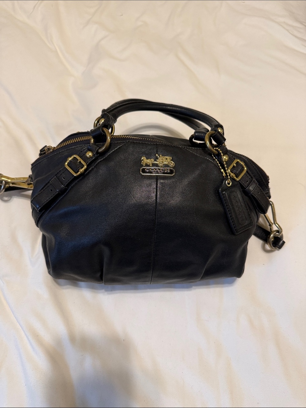 Coach Black Leather Shoulder Satchel with Gold Accents